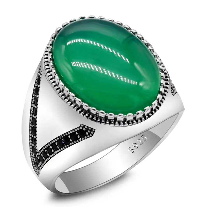 Anillo de Plata de Ley 925 con piedra de ónix verde Natural para hombre, anillo turco, joyería de moda de dos tonos