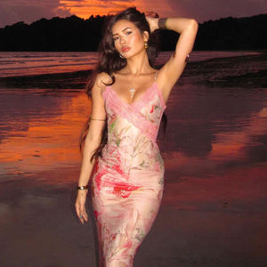 Robe longue élégante à imprimé floral et dentelle, coupe ajustée, taille cintrée, pour femme - Product Image 1