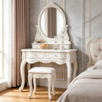Ensemble coiffeuse de luxe européen en bois massif sculpté à la main, couleur crème, avec miroir et tabouret, mobilier de chambre, vente en gros