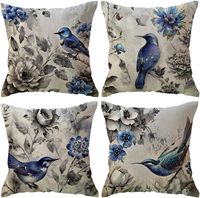 4 housses de coussin bleues, 18 * 18 pouces, motif oiseaux et fleurs, adaptées à la décoration de la maison, de la terrasse extérieure et du jardin