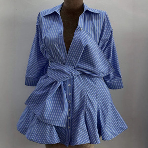 Moda Europea y Americana para Mujer, Verano 2026, Nuevo Estilo, Camisa Irregular con Cuello, Rayas Azules y Blancas, y Cintura Ajustable - Product Image 1