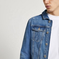 Jaket Pria Kustom OEM Grosir Pabrik Jaket Denim Bertudung dengan Tali Serut Yang Dapat Dilepas Lengan Panjang Robek Biru