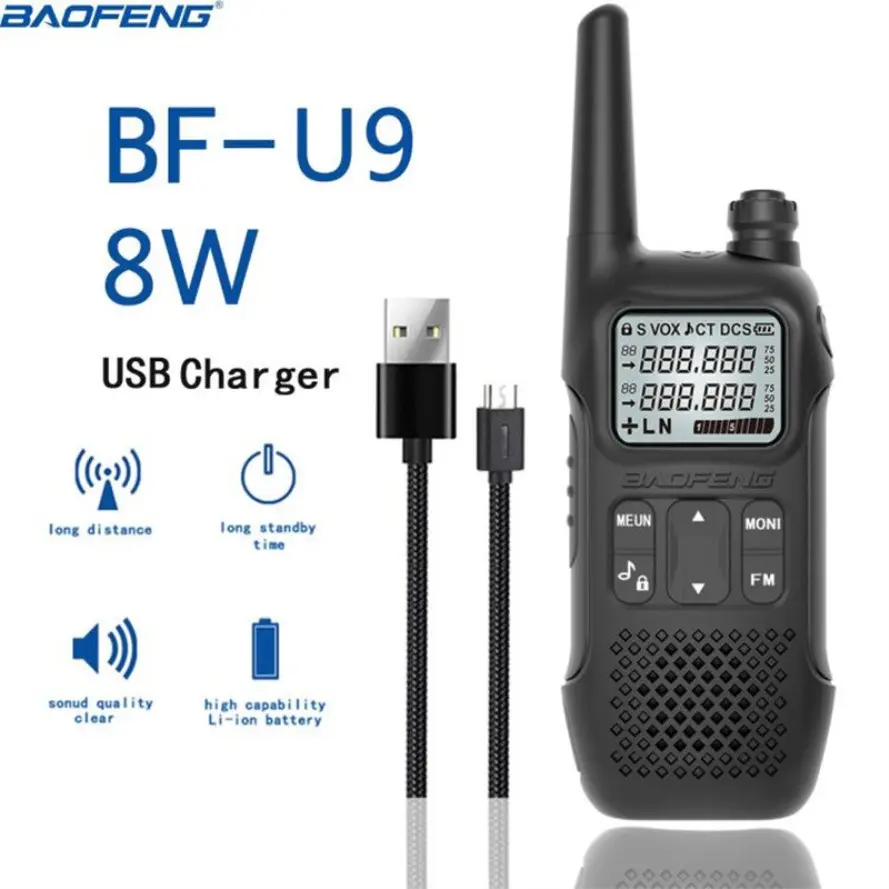 1PCS BAOFENG BF U9 8W mini Walkie Talkie <span class=keywords><strong>UHF</strong></span> 400 470MHz FM Rádio Portátil USB Carga Rápida