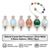 Pendule de radiesthésie en boule de cristal naturel avec support en métal argenté, 8 options de pierres, chaîne 7 chakras, guérison, méditation, vente en gros, OEM