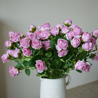 Mini-roses artificielles en soie de marque Whh, style peinture à l'huile, à 5 têtes, bords effilochés, bordure grillée, écologiques, vintage