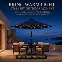 Parasol solaire LED de 2,7 m, pare-soleil en oléfine de 180 g avec 8 baleines en aluminium, fonction d'inclinaison pour usage commercial, hôtelier et bord de piscine