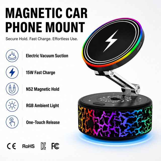 15W Magnetic Wireless Car Charger Mount Electric Vacuum Suction Phone Holder RGB Light Foldable Stand