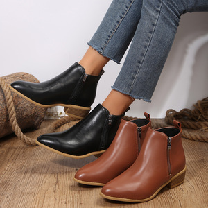 Bottines pour femmes Xuanhui taille 43, tendance, en cuir, à talon bas, avec fermeture éclair latérale, bout pointu, bottines à la cheville pour femmes - Product Image 1