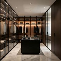 Meubles de chambre à coucher en bois massif bicolore avec une porte en verre et une armoire personnalisable équipée d'éclairages LED