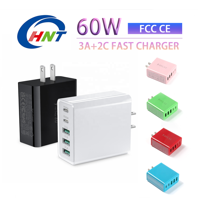 HNT Wholesale 60W GaN 5-Port 3A+2C Fast Wall Charger PD 3.0 QC 3.0 Power Adapter CE UKCA Certified with EU/US/UK Plugs ODM