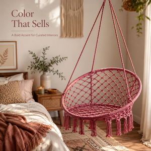 Fauteuil suspendu en macramé nordique artisanal en corde de coton avec pompons élégants pour projets d'aménagement intérieur haut de gamme - Product Image 3