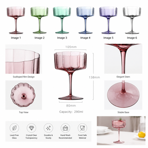 Verres à cocktail Margarita à <span class=keywords><strong>pied</strong></span> en <span class=keywords><strong>verre</strong></span> soufflé à la main, style américain vintage, côtelés et colorés, 290 ml, pour bar, vente en gros - Product Image 3