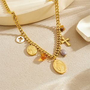 European American Gold Plated 18K Oval Saint Cross Pendant Stainless Steel <b>Beaded</b> Jewelry <b>Set</b> Religious Ceremonies Unisex - Product Image 2