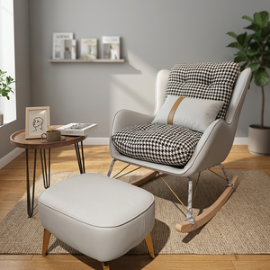 Modern Rocking Chair With Checkered Cushion White Leather Living Room Furniture Midcentury Style Ottoman Included - Product Image 4