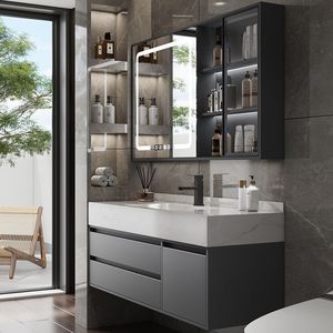 Modern Nordic style rock slab ceramic seamless integrated basin intelligent lighting defogging <b>mirror</b> bathroom cabinet - Product Image 3