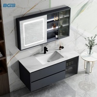 Meuble-lavabo mural moderne avec armoire en ardoise, miroir LED, vasque en céramique et évacuation en cuivre pour hôtel ou appartement