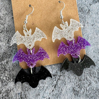 Boucles d'oreilles pendantes gothiques tendance pour Halloween, 3 couches, en acrylique, motif chauve-souris, scintillantes, multicolores, violet et noir, pour femme, bijoux de fête, cadeaux