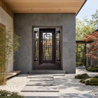 Porte d'entrée en acier forgé LINCAI, style moderne et luxueux, avec des carrés géométriques |   Porte double forgée à la main avec panneaux latéraux pour villa et hôtel