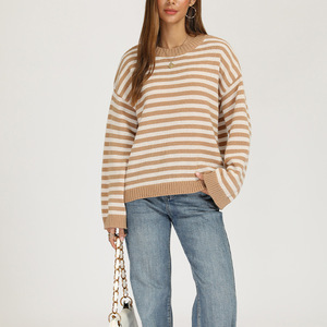 <span class=keywords><strong>Pull</strong></span> en tricot rayé horizontal pour <span class=keywords><strong>femme</strong></span>, col rond, coupe oversize, épaules tombantes, manches longues, <span class=keywords><strong>pull</strong></span> décontracté, broderie personnalisée - Product Image 2