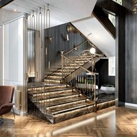 Escalier droit en marbre noir avec rampe en verre et éclairage LED, style moderne de luxe pour intérieur de villa, finition en poudre noire.