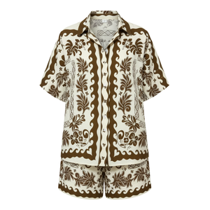 Ensemble de shorts imprimés 2 pièces pour femmes, chemise à manches courtes boutonnée, coupe classique, vintage, 100% polyester, écologique, décontracté, printemps - Product Image 1