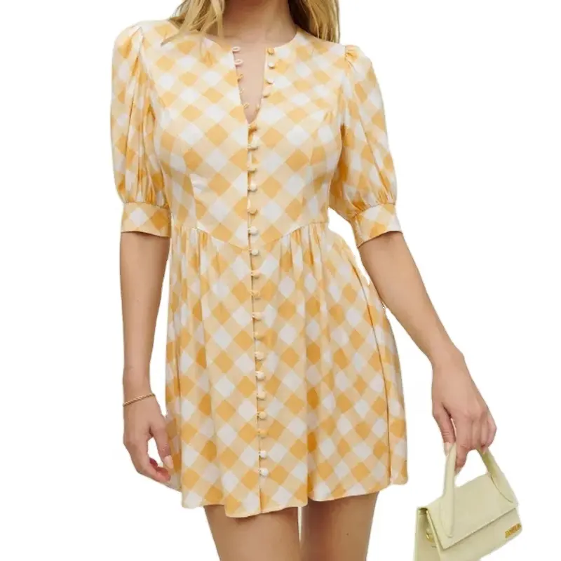 Shirt Women Summer Dress Button Short Sleeve Plaid Pleated Ladies Mini Skirt Casual for Daily Life Fashion Design