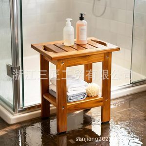 Tabouret de douche en bois Ruoyi 35x25.5x37.5 cm en teck, siège de salle de bain intérieur avec étagère de rangement - Product Image 2