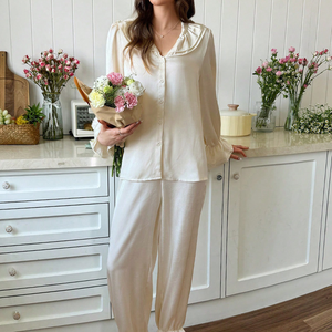 Modal Custom Solid Sleepwear Peter Pan Collar Elegant Satin <strong>Pyjamas</strong> Long Sleeve Winter PJ Bamboo Pajamas for Women Set - Product Image 1