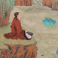 Parchemin de soie peint à la main, bleu-vert, art traditionnel chinois Gongbi Zen, paysage de pin avec savant méditant