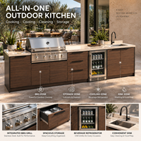 Ensemble d'armoires de cuisine extérieures étanches en bois, modulaires, pour barbecue, pour hôtel, complexe hôtelier, terrasse commerciale