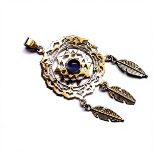India-Made Brass Finished Bohemian Style Shri Yantra <b>Amethyst</b> Stone <b>Pendant</b> with Hanging Leaf Bezel Setting Inlay Technology - Product Image 3