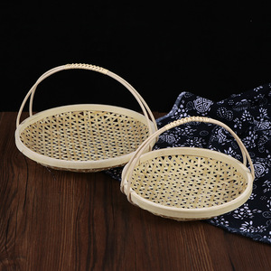 <b>Bamboo</b> Woven Round Basket With Hollow Handle Handmade Fruit Vegetable Storage <b>Container</b> For Home Hotel Use - Product Image 3