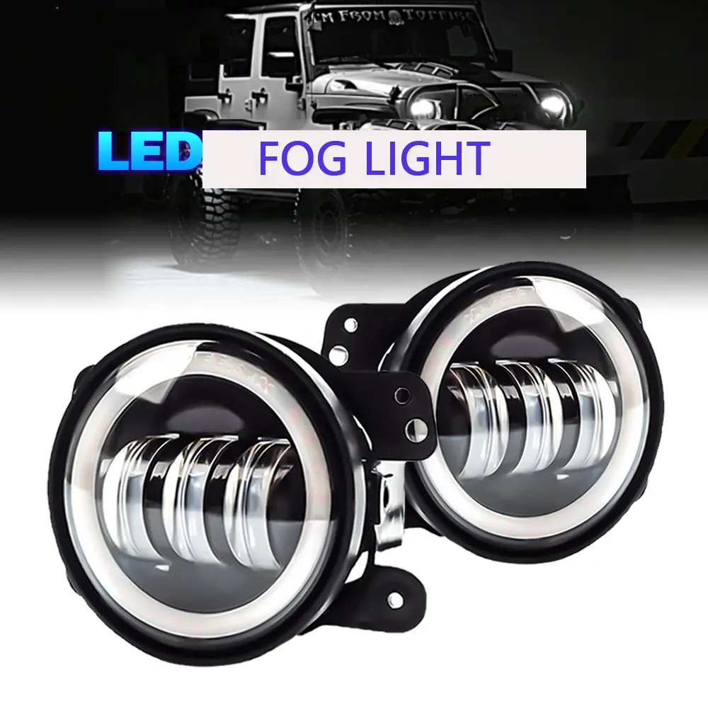 4 "LED sis ışıkları değiştirme 60W 6500K ön tampon için yuvarlak sis sürüş ışıkları RGB melek göz <span class=keywords><strong>halo</strong></span> için kamyonlar jeep JK