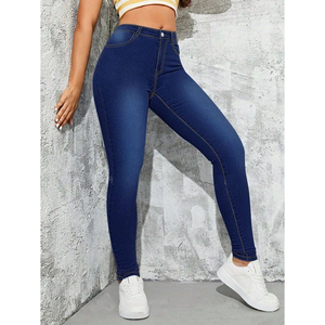 Livraison gratuite aux États-Unis - Jeans skinny taille haute pour femme, bleu foncé, extensible, long legging, style décontracté, pantalon en denim crayon, logo à la taille - Product Image 5