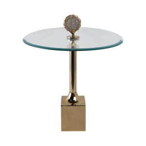 Tavolino Artistico in Vetro con Accento Geode, Base Dorata e Piano Rotondo per Piccoli Spazi - Product Image 1