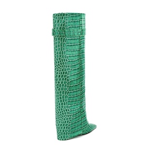 Size 44 Women Stone Print Knee High <b>Booties</b> Designer Wedge Heels Folded Over Shark Lock Boots Green Pointy Toe Overlay Shoes - Product Image 5