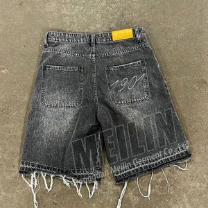 Pantalones Cortos de Mezclilla para Hombre al por Mayor, Personalizados, de Moda, Estilo Retro, Desgastados, con Borde Deshilachado, Negros Lavados, con Pedrería - Product Image 3