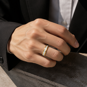Bague JLM moderne bicolore or et argent, en acier inoxydable sablé givré, bijoux de mariage de luxe en gros - Product Image 5