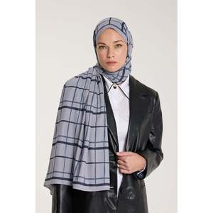 Pure Tone <b>Scarf</b> - Square Pattern - <b>Silver</b> - Navy Blue - Square Pattern - <b>Silver</b> - Navy Blue - Product Image 3