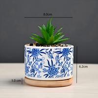 Pot Tanaman Sukulen/Kaktus Keramik Porselen Biru Putih Timur Tengah Desain Khusus Ukuran Khusus dengan Nampan Bambu