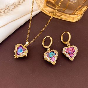 Set <span class=keywords><strong>Collana</strong></span> e Orecchini PFT in Acciaio Inossidabile Placcato Oro 18K con Zirconi Colorati a <span class=keywords><strong>Cuore</strong></span> Oceanico, Catena da Donna Versatile che non sbiadisce - Product Image 6