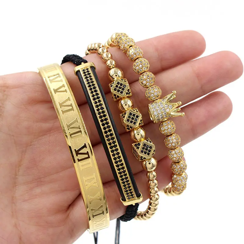 Conjunto de pulsera de corona de oro de lujo para hombre, brazalete grabado con números romanos, Cz, corona trenzada, macramé de latón, gran oferta