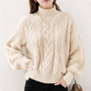 Pull en tricot torsadé à col montant pour femme, à manches longues, épais - Product Image 1
