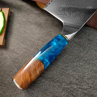 Couteau de chef Damas luxueux avec manche en bois et résine bleue, hachoir de cuisine, couteau de boucher pour hommes, légumes, viande, cadeau
