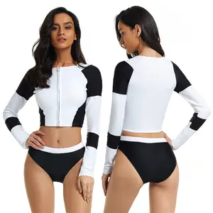 Zipper Bikini Surfing Swimsuit For Women Long Sleeve Swimwear Black and white stitched Two Piece Bathing Suit Fashion Rash Guard