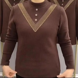 Women's Mock Neck Knit Top With Rhinestone V-Neck Design Coffee Color Long Sleeve Soft Warm <b>Base</b> <b>Layer</b> Autumn Winter Style - Product Image 2