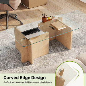 Modern Glass Top Coffee Table with Solid Wood Base Eco-Friendly & Durable for Apartment Living Room - Product Image 2