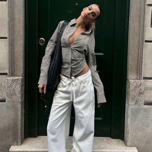 Camisa Entallada a Cuadros para Mujer, Estilo Urbano, Cuello en V Profundo, Manga Larga, Ajustada, Sexy, Moldea la Cintura, Blusa Informal a la Moda - Product Image 6