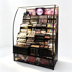 Floor Standing LED Cosmetic Display Stand Curved Frame Multi‑Layer Makeup Retail <b>Rack</b> With Custom <b>Printed</b> Base - Product Image 1
