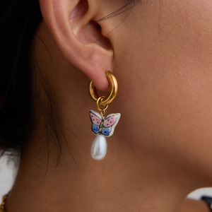 Ceramic Hoop Earrings With Pearl Cartoon Design For Women Fashion Jewelry - Product Image 4